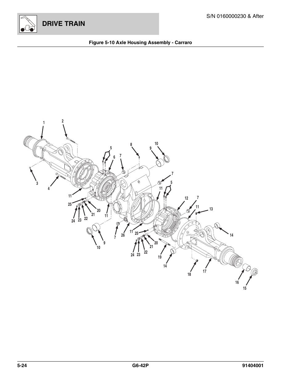 Figure 5-10 axle housing assembly - carraro, Axle housing assembly - carraro -24, Carrier assy, (see figure 5-10 for details) | Drive train | JLG G6-42P Parts Manual User Manual | Page 196 / 556