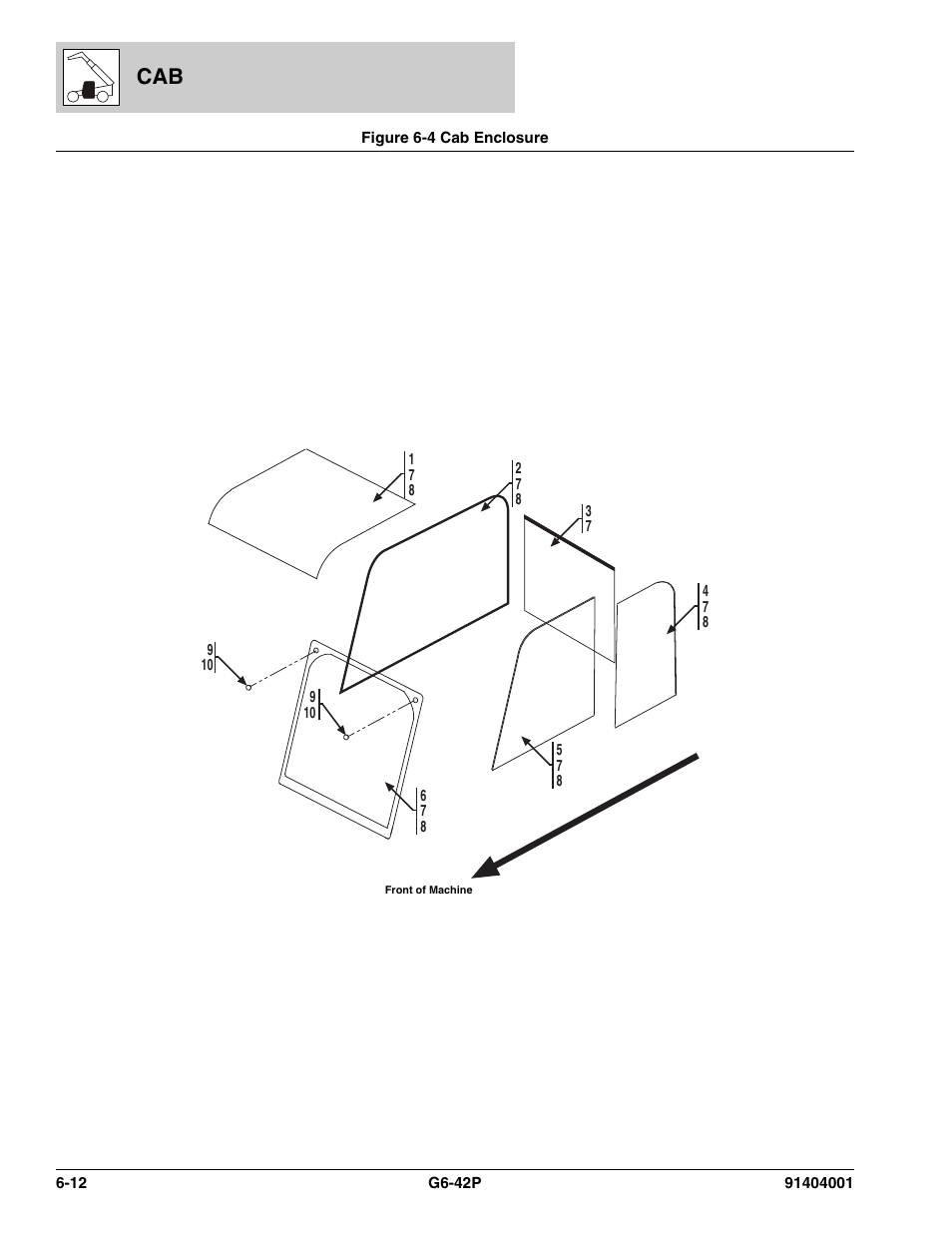 Figure 6-4 cab enclosure, Cab enclosure -12, Cab glass, (see figure 6-4 for details) | Pper door glass, (see figure 6-4 for details), W, (see figure 6-4 for details) | JLG G6-42P Parts Manual User Manual | Page 220 / 556