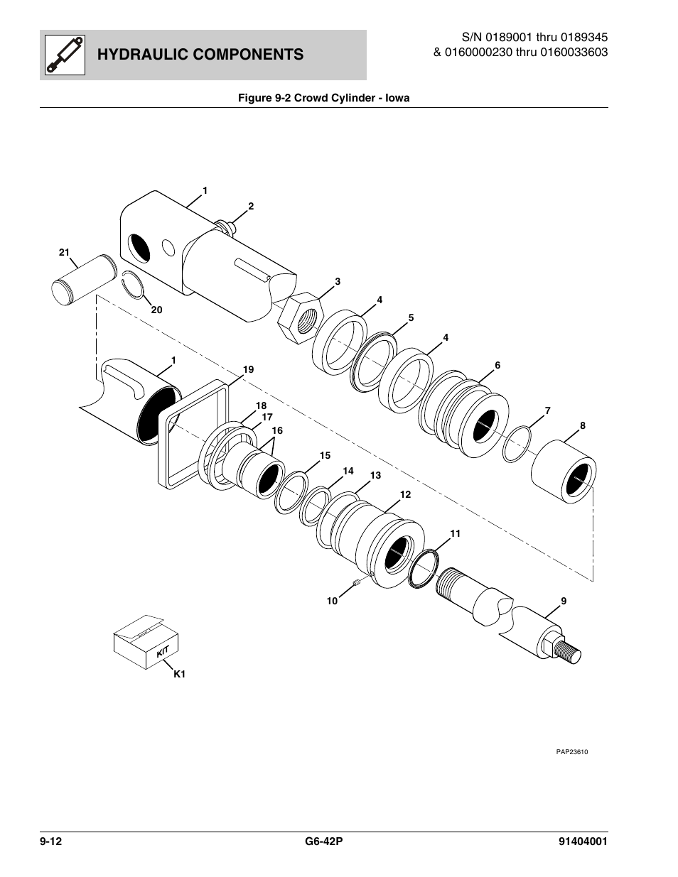 Figure 9-2 crowd cylinder - iowa, Crowd cylinder - iowa -12, T cylinder pin, (see figure 9-2 for details) | Hydraulic components | JLG G6-42P Parts Manual User Manual | Page 296 / 556