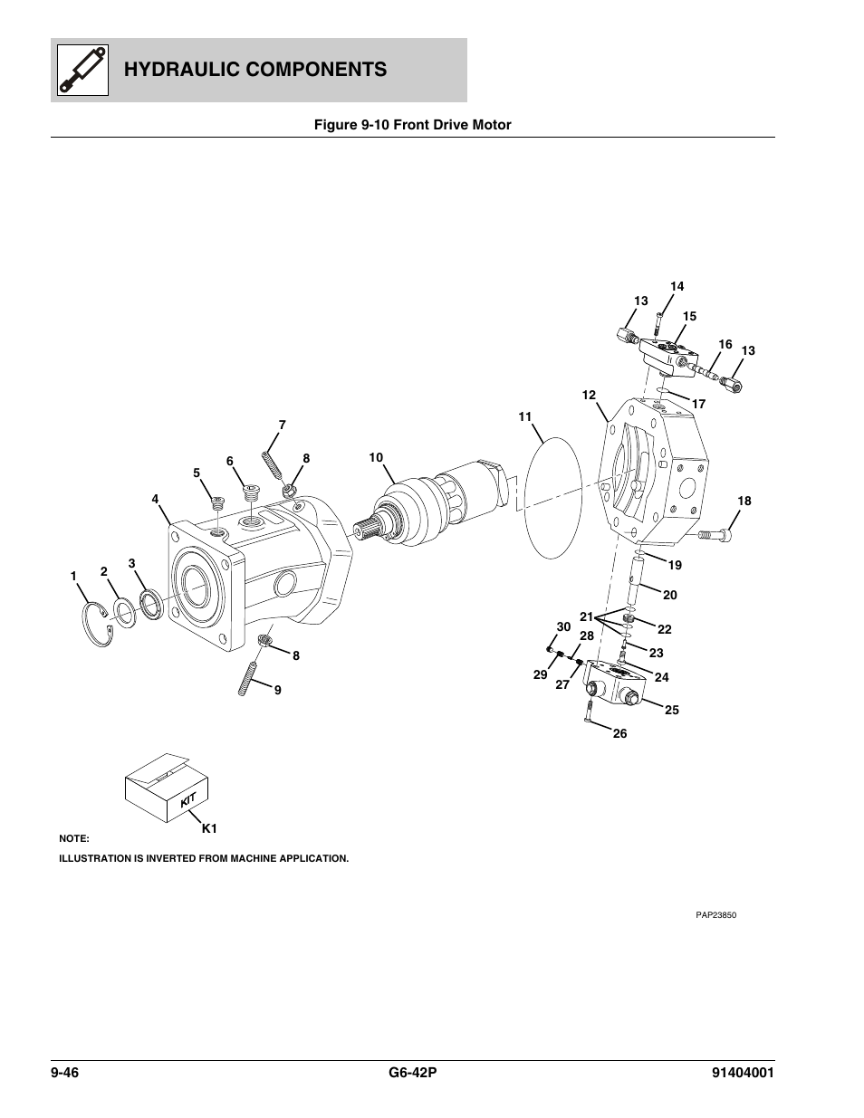 Figure 9-10 front drive motor, Front drive motor -46, R, (see figure 9-10 for details) | Hydraulic components | JLG G6-42P Parts Manual User Manual | Page 330 / 556
