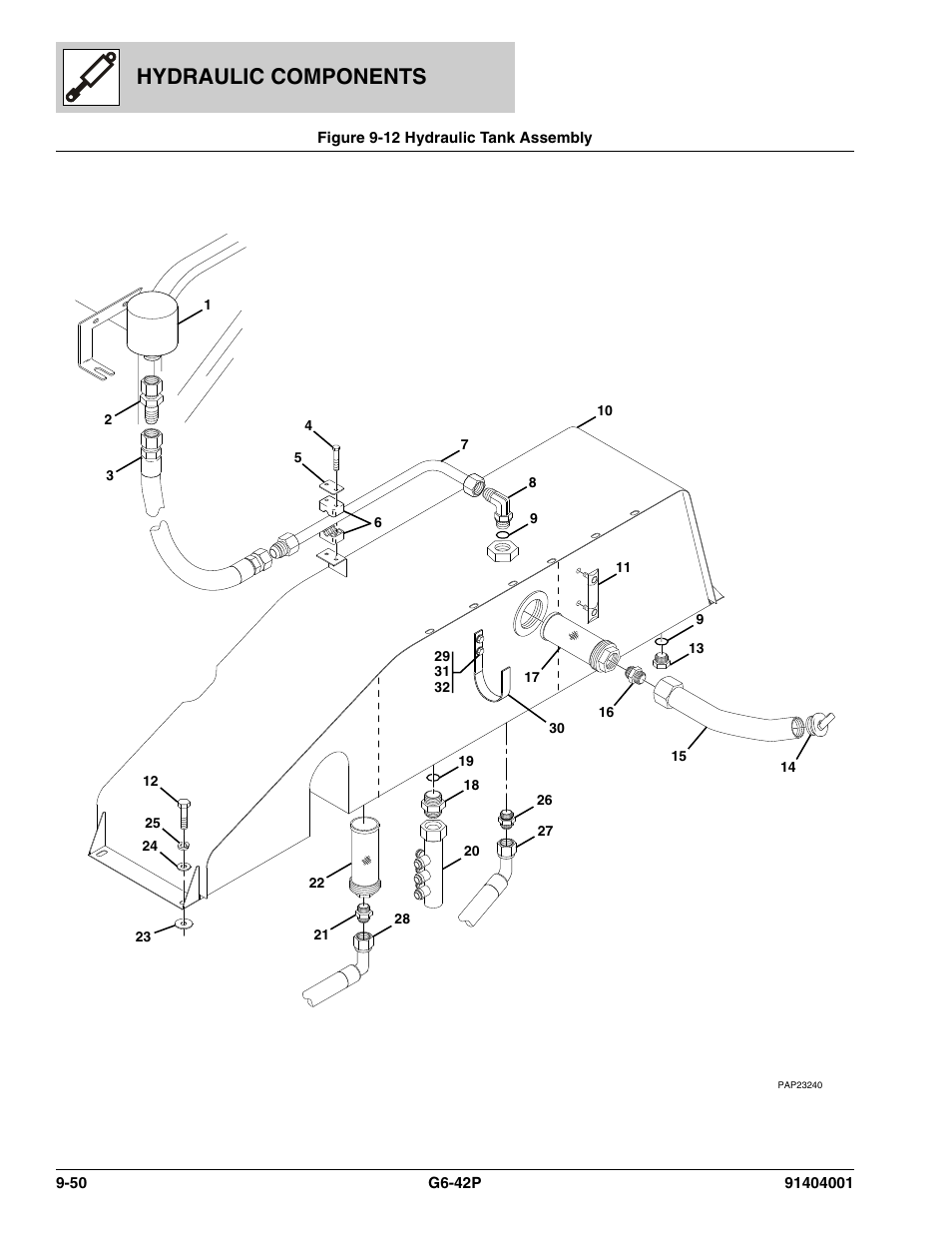 Figure 9-12 hydraulic tank assembly, Hydraulic tank assembly -50, Nk assy, (see figure 9-12 for details) | See figure 9-12 for details), Hydraulic components | JLG G6-42P Parts Manual User Manual | Page 334 / 556