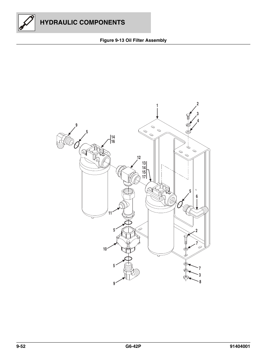 Figure 9-13 oil filter assembly, Oil filter assembly -52, Assy, (see figure 9-13 for details) | Hydraulic components | JLG G6-42P Parts Manual User Manual | Page 336 / 556