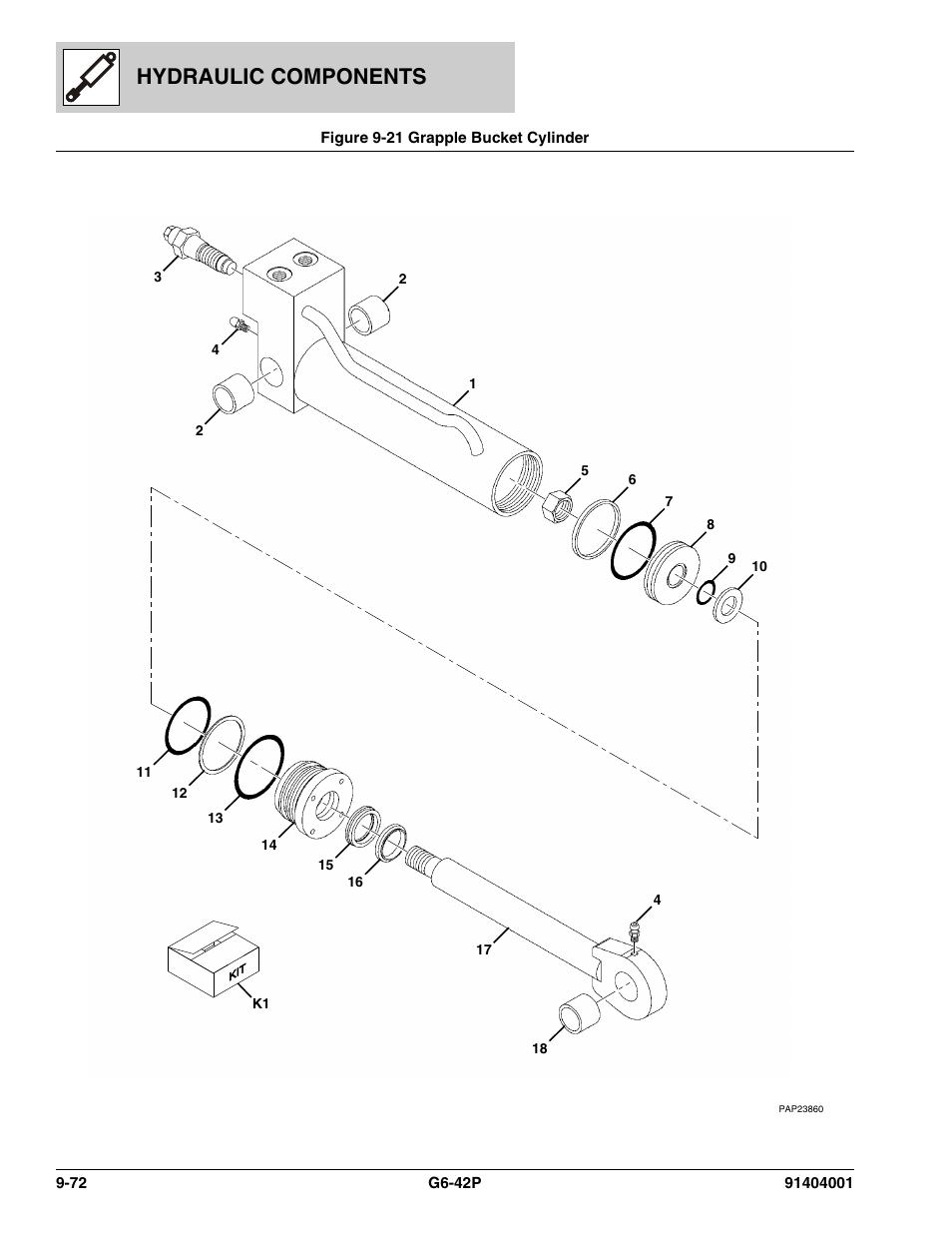 Figure 9-21 grapple bucket cylinder, Grapple bucket cylinder -72, Hydraulic components | JLG G6-42P Parts Manual User Manual | Page 356 / 556