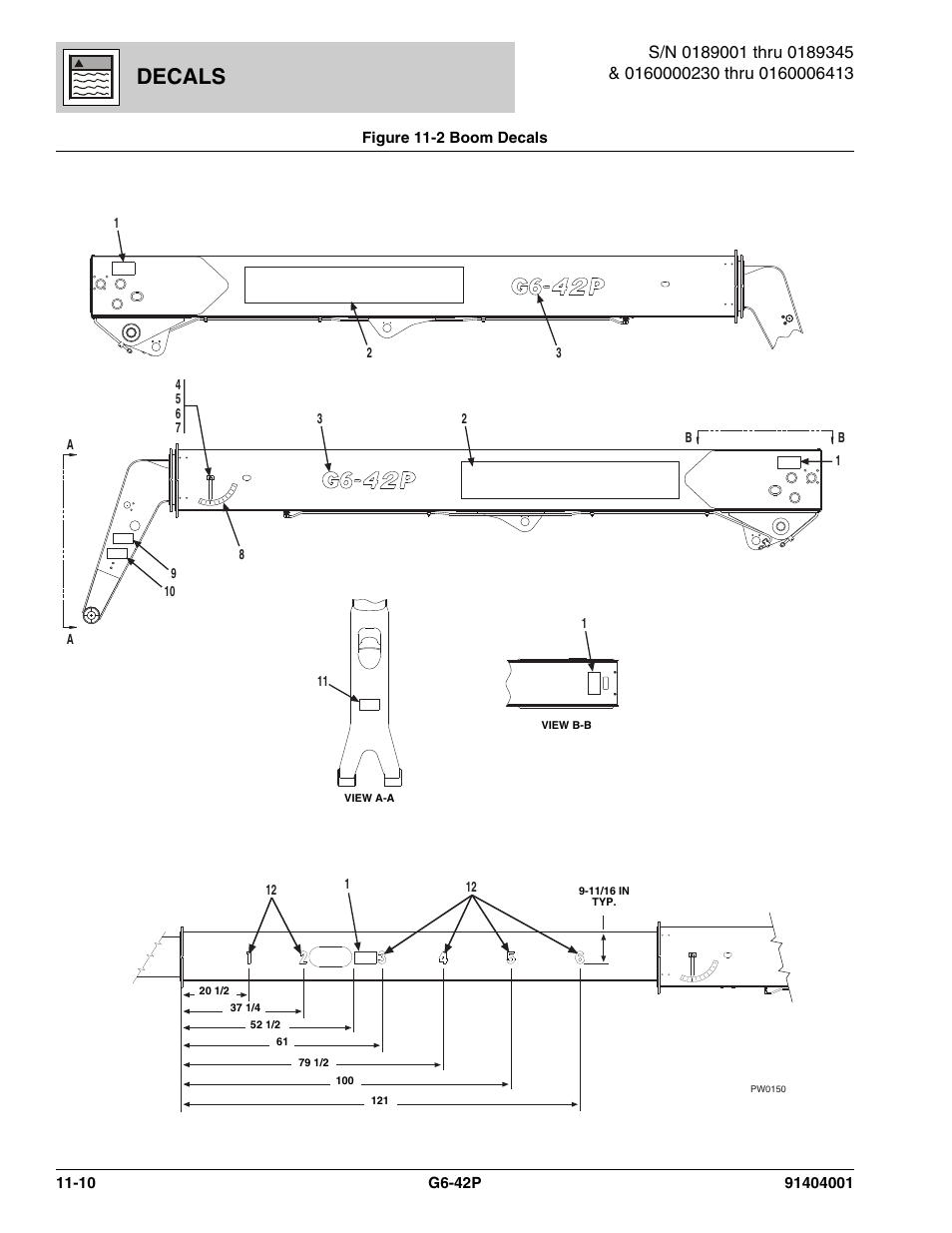 Figure 11-2 boom decals, Boom decals -10, Decals | JLG G6-42P Parts Manual User Manual | Page 392 / 556