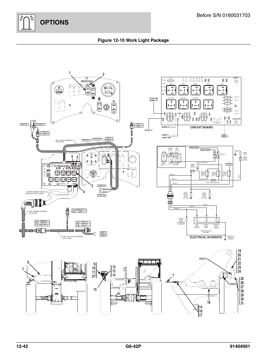 Figure 12-10 work light package, Work light package -42, Options | Ign acc bat b at ign st, 15a str t-a sto pl t sw sto p lt gnds, 15 acc-a acc-b ign horn | JLG G6-42P Parts Manual User Manual | Page 438 / 556