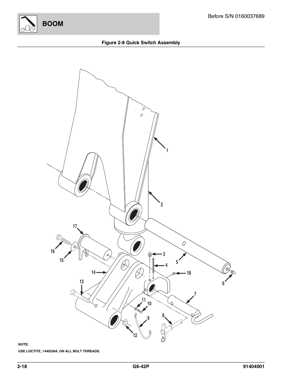 Figure 2-8 quick switch assembly, Quick switch assembly -18, Boom | JLG G6-42P Parts Manual User Manual | Page 44 / 556