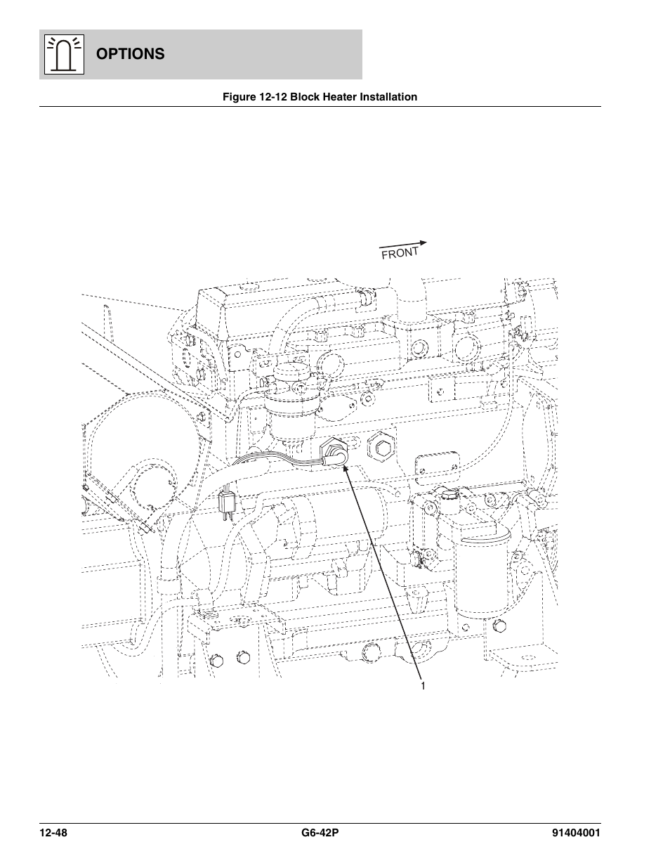 Figure 12-12 block heater installation, Block heater installation -48, Options | JLG G6-42P Parts Manual User Manual | Page 444 / 556