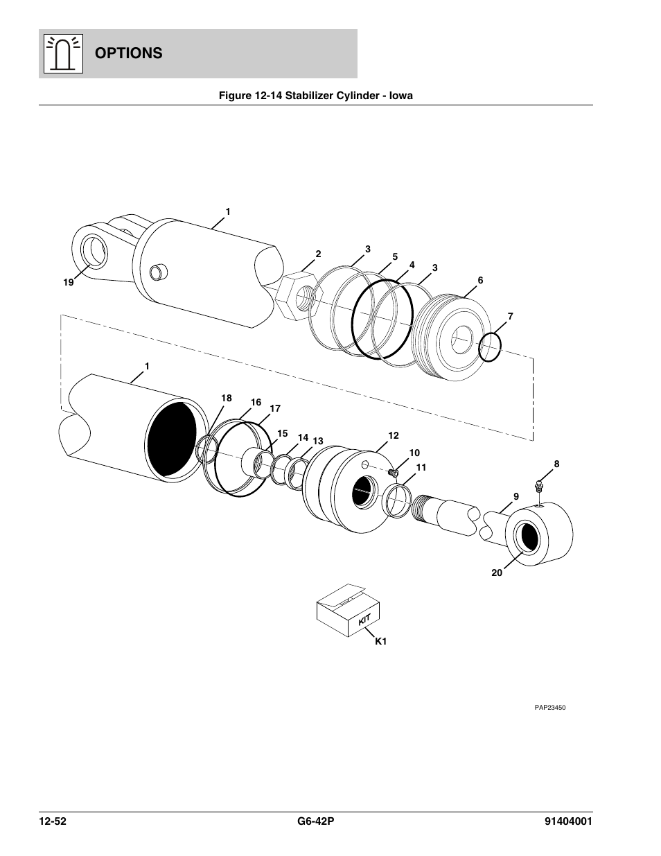 Figure 12-14 stabilizer cylinder - iowa, Stabilizer cylinder - iowa -52, Options | JLG G6-42P Parts Manual User Manual | Page 448 / 556