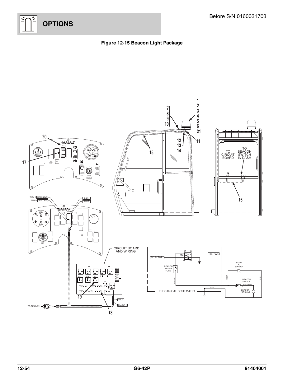 Figure 12-15 beacon light package, Beacon light package -54, Options | Beacon, Gr d, Worklt sw, Bat wsw, Opt-2 sw, Opt-3 sw | JLG G6-42P Parts Manual User Manual | Page 450 / 556