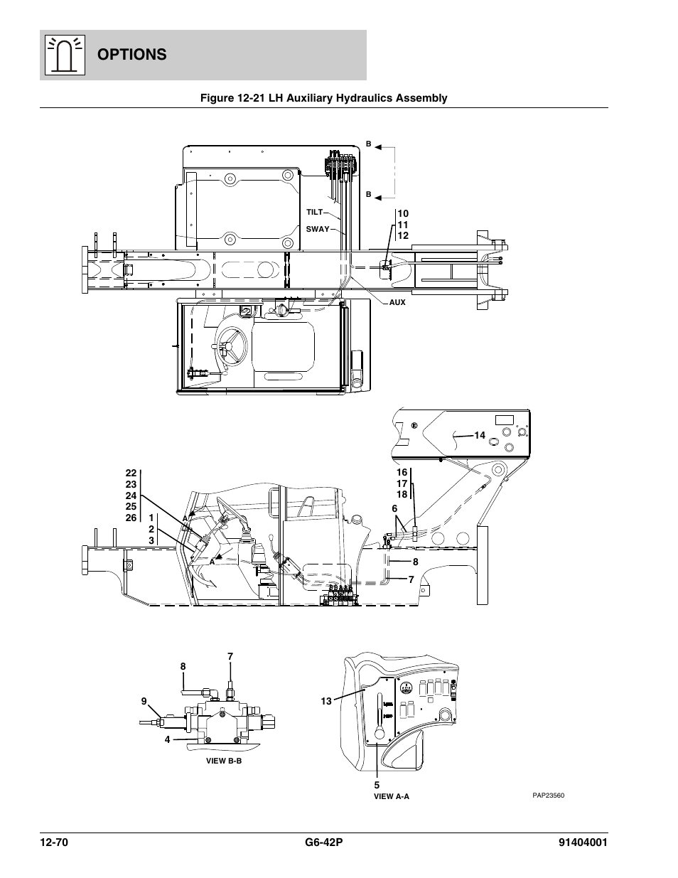 Figure 12-21 lh auxiliary hydraulics assembly, Lh auxiliary hydraulics assembly -70, Options | JLG G6-42P Parts Manual User Manual | Page 466 / 556