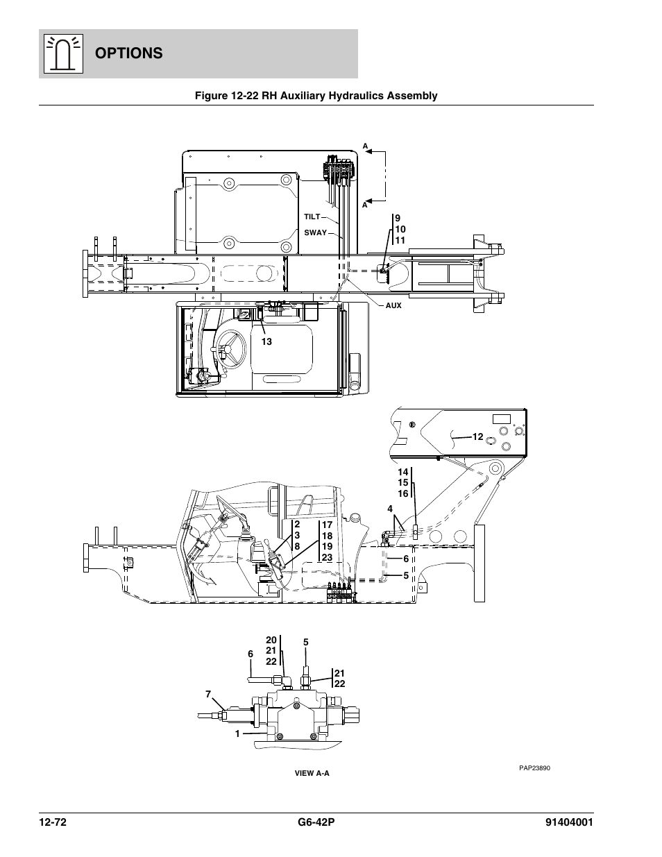 Figure 12-22 rh auxiliary hydraulics assembly, Rh auxiliary hydraulics assembly -72, Options | JLG G6-42P Parts Manual User Manual | Page 468 / 556
