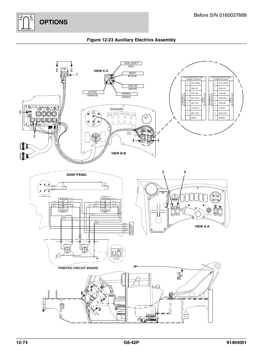 Figure 12-23 auxiliary electrics assembly, Auxiliary electrics assembly -74, Options | Unknown, Lt oil fuel 12+ gnd temp grd grd, 15a str t-a, St opl t sw workl t sw | JLG G6-42P Parts Manual User Manual | Page 470 / 556