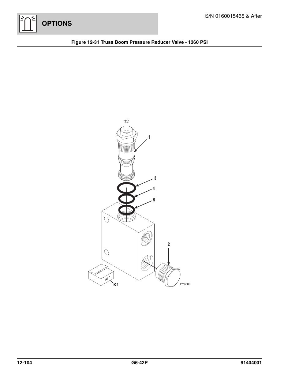 Truss boom pressure reducer valve - 1360 psi -104, Psi, (see figure 12-31 for details), Options | JLG G6-42P Parts Manual User Manual | Page 500 / 556
