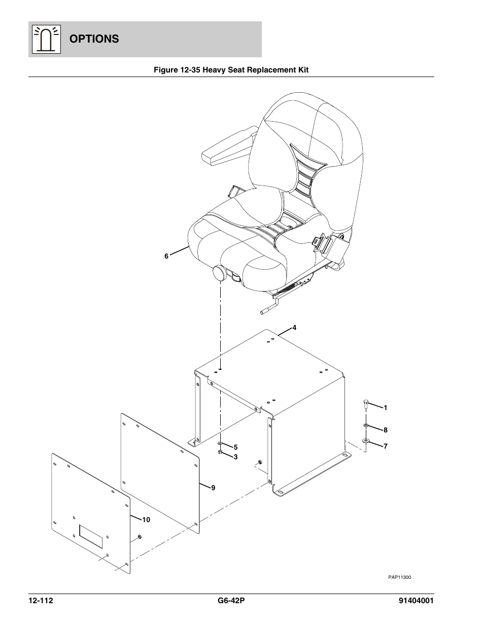 Figure 12-35 heavy seat replacement kit, Heavy seat replacement kit -112, Options | JLG G6-42P Parts Manual User Manual | Page 508 / 556