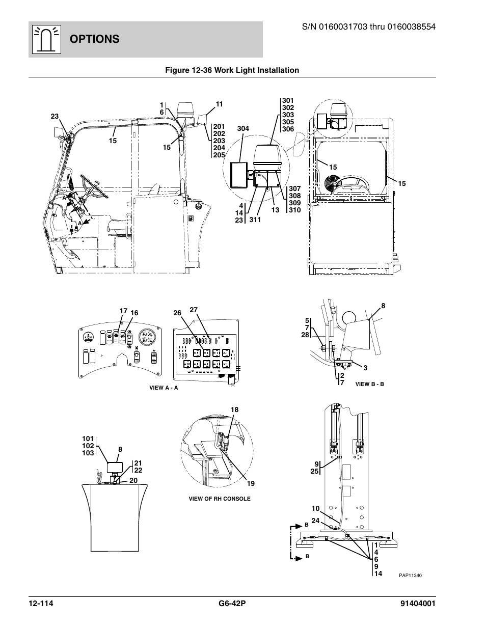 Figure 12-36 work light installation, Work light installation -114, Options | Sl_sw a | JLG G6-42P Parts Manual User Manual | Page 510 / 556