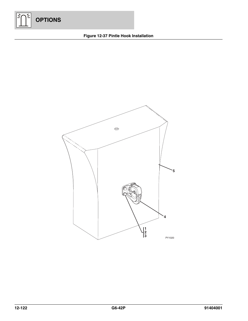 Figure 12-37 pintle hook installation, Pintle hook installation -122, Options | JLG G6-42P Parts Manual User Manual | Page 518 / 556