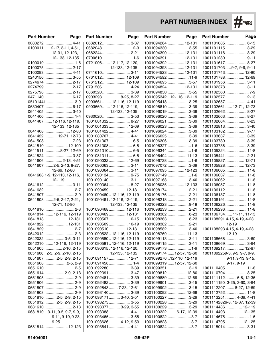 Part number index, Section 14 – part number index -1 | JLG G6-42P Parts Manual User Manual | Page 539 / 556