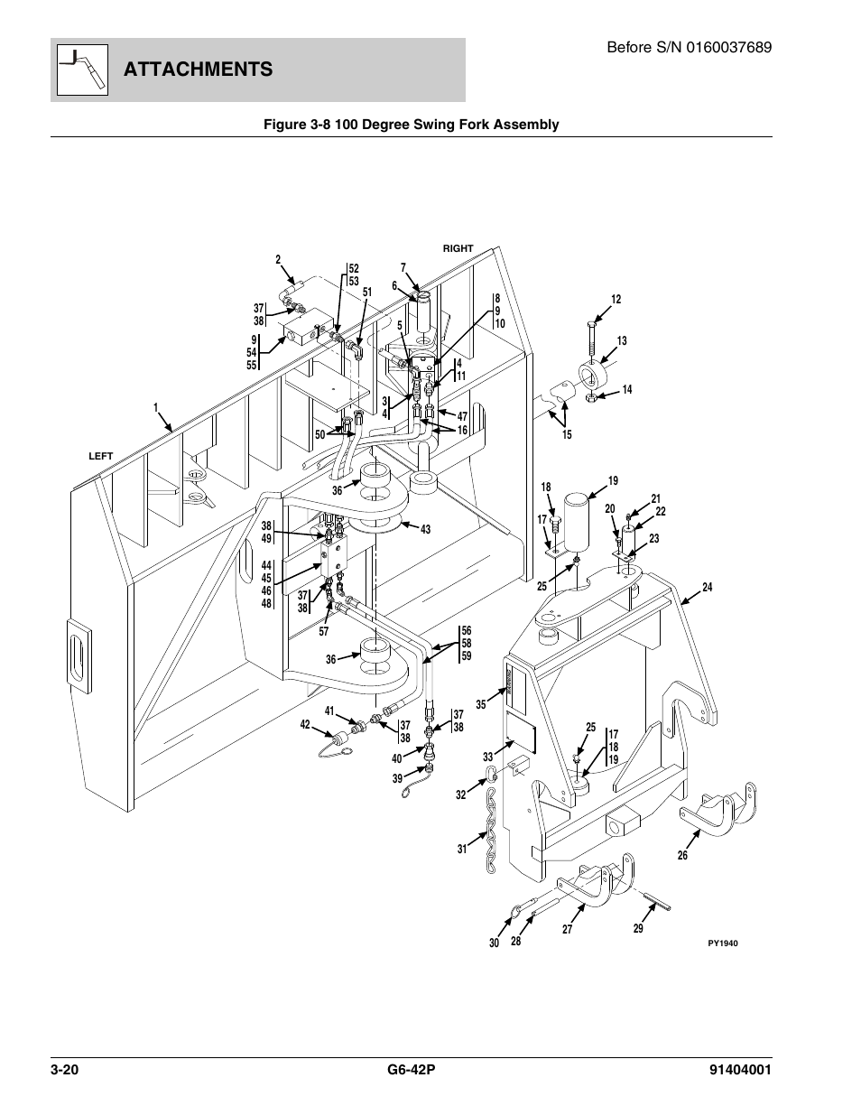 Figure 3-8 100 degree swing fork assembly, 100 degree swing fork assembly -20, Attachments | JLG G6-42P Parts Manual User Manual | Page 68 / 556