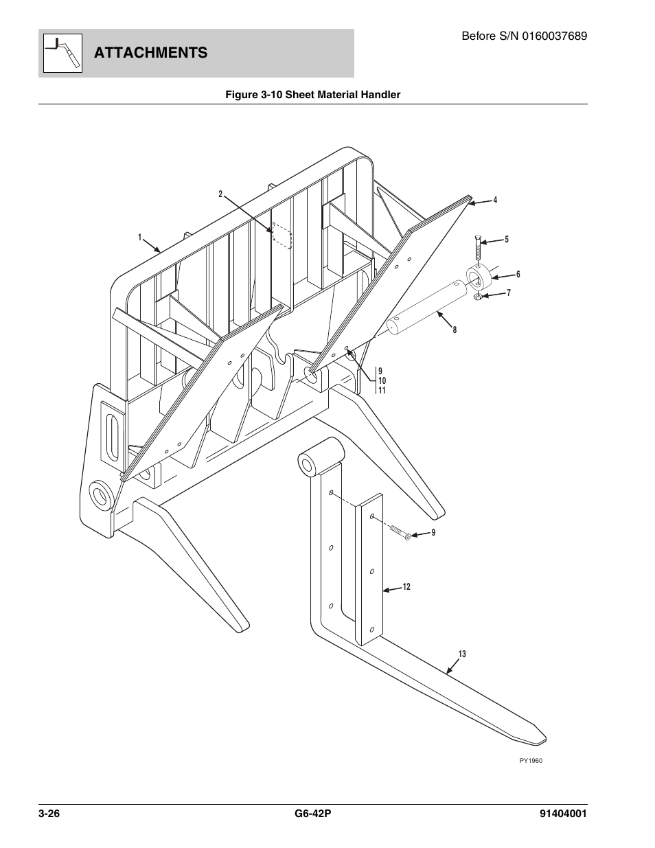 Figure 3-10 sheet material handler, Sheet material handler -26, Attachments | JLG G6-42P Parts Manual User Manual | Page 74 / 556