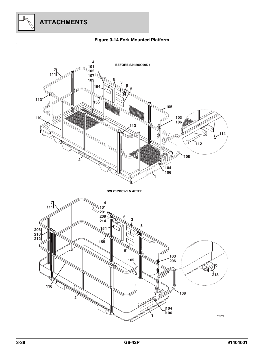 Figure 3-14 fork mounted platform, Fork mounted platform -38, Attachments | JLG G6-42P Parts Manual User Manual | Page 86 / 556