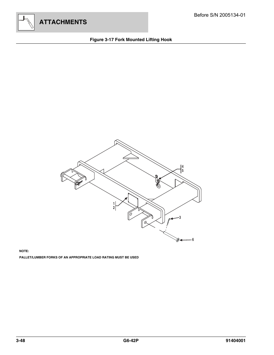 Figure 3-17 fork mounted lifting hook, Fork mounted lifting hook -48, Attachments | JLG G6-42P Parts Manual User Manual | Page 96 / 556