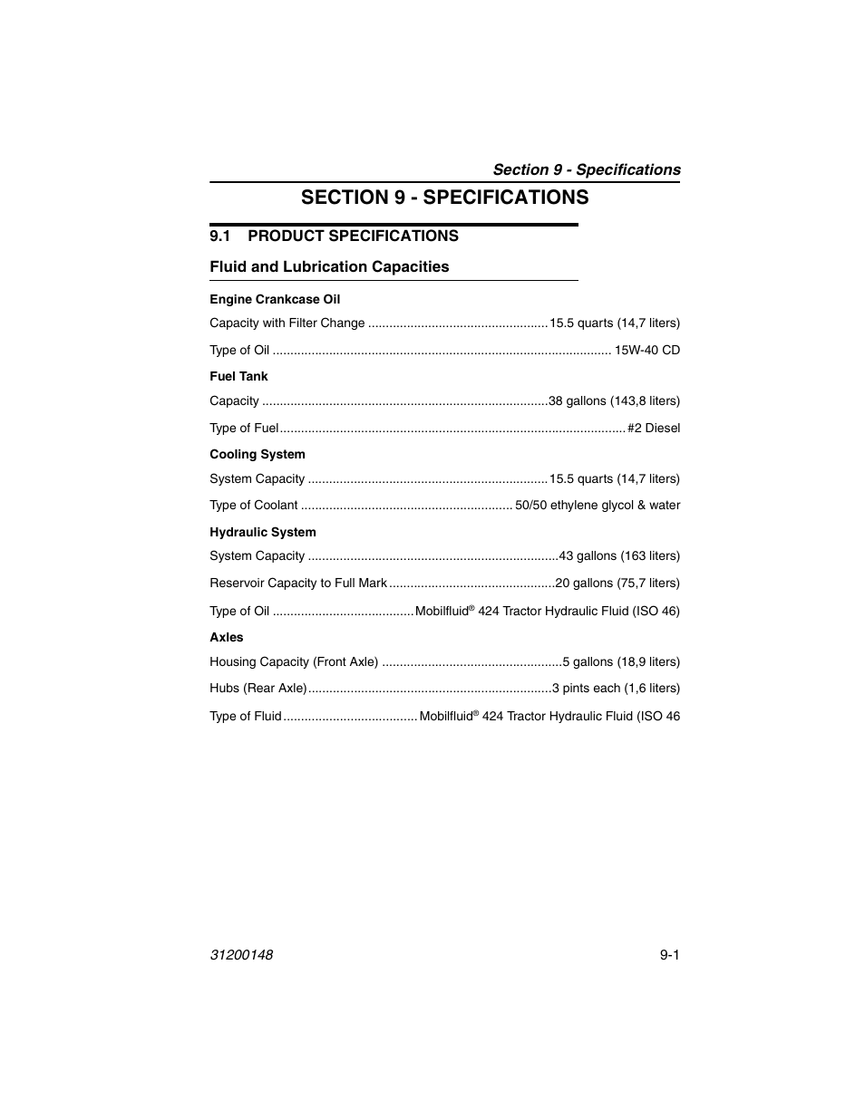 Section 9 - specifications, 1 product specifications, Fluid and lubrication capacities | 1 product specifications -1, Fluid and lubrication capacities -1, Section 9 - specifications t | JLG G6-42P Service Manual User Manual | Page 115 / 508