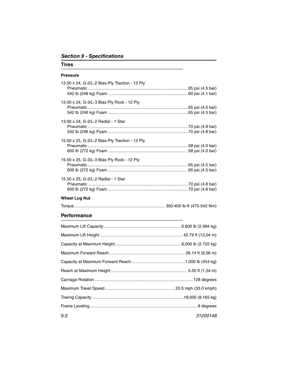 Tires, Performance, Tires -2 performance -2 | JLG G6-42P Service Manual User Manual | Page 116 / 508