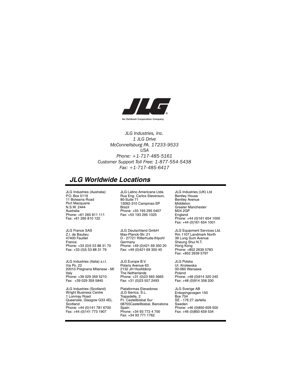 Jlg worldwide locations | JLG G6-42P Service Manual User Manual | Page 126 / 508