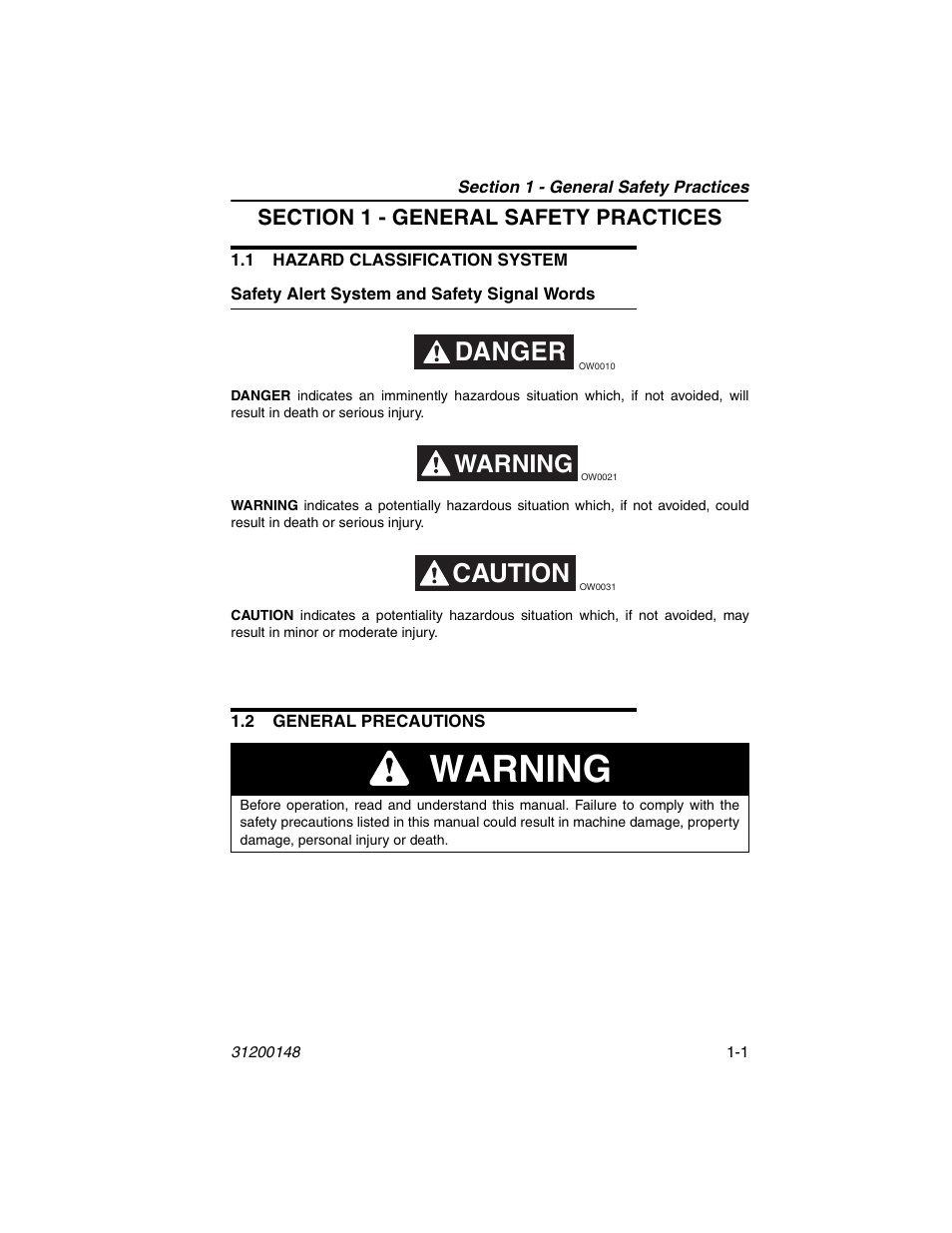 Section 1 - general safety practices, 1 hazard classification system, Safety alert system and safety signal words | 2 general precautions, 1 hazard classification system -1, Safety alert system and safety signal words -1, 2 general precautions -1, Warning, Danger, Caution | JLG G6-42P Service Manual User Manual | Page 13 / 508