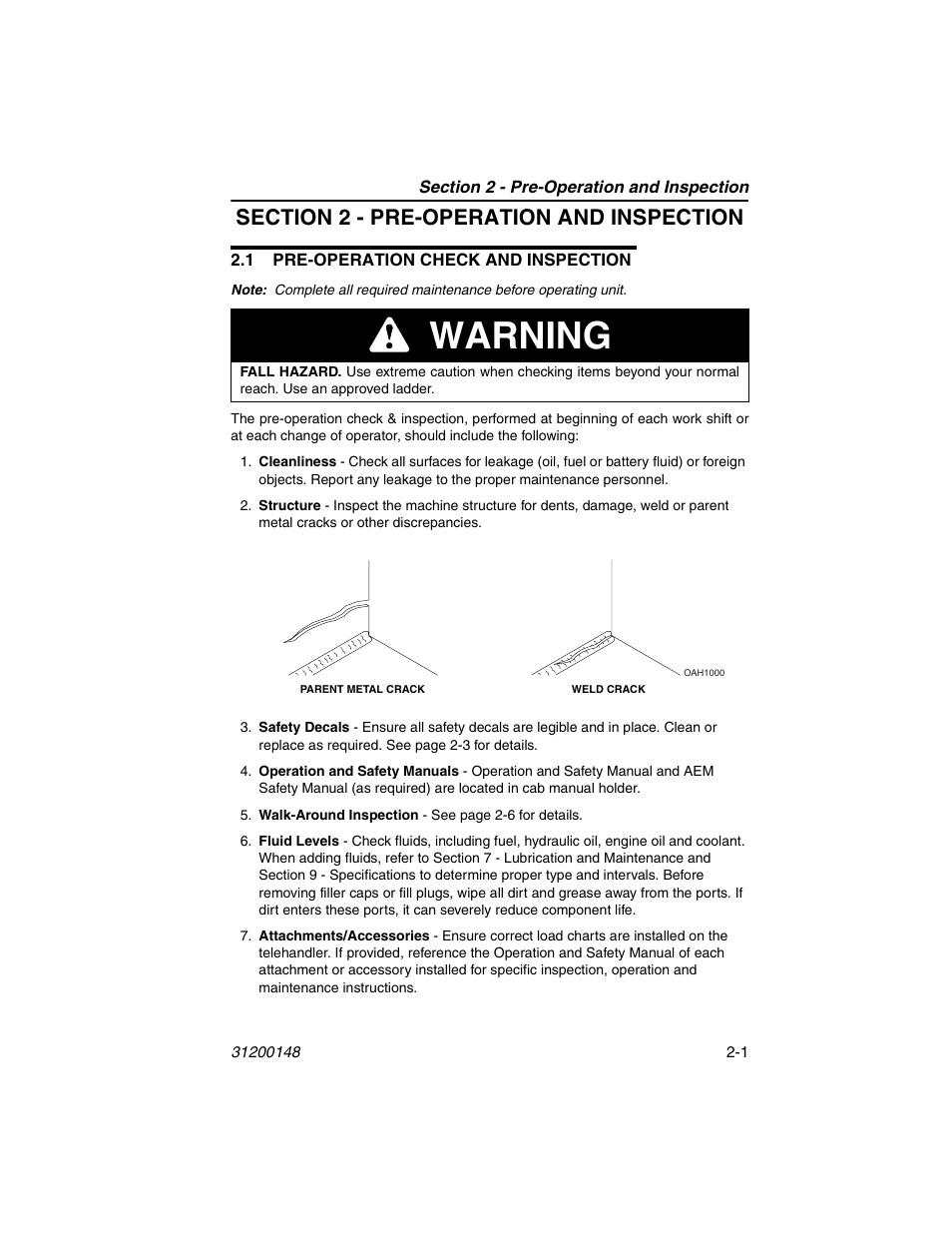 Section 2 - pre-operation and inspection, 1 pre-operation check and inspection, 1 pre-operation check and inspection -1 | Warning | JLG G6-42P Service Manual User Manual | Page 27 / 508