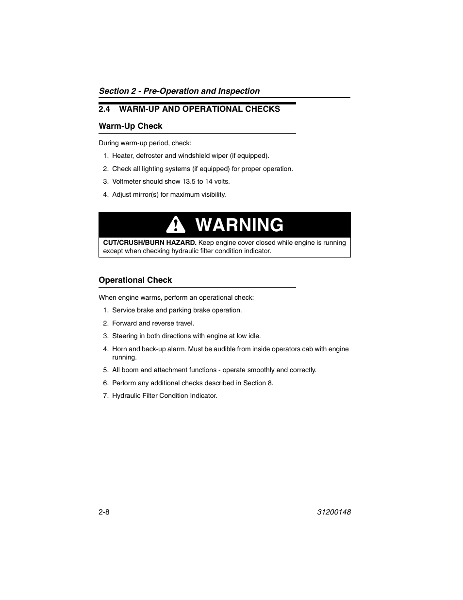 4 warm-up and operational checks, Warm-up check, Operational check | 4 warm-up and operational checks -8, Warm-up check -8 operational check -8, Warning | JLG G6-42P Service Manual User Manual | Page 34 / 508