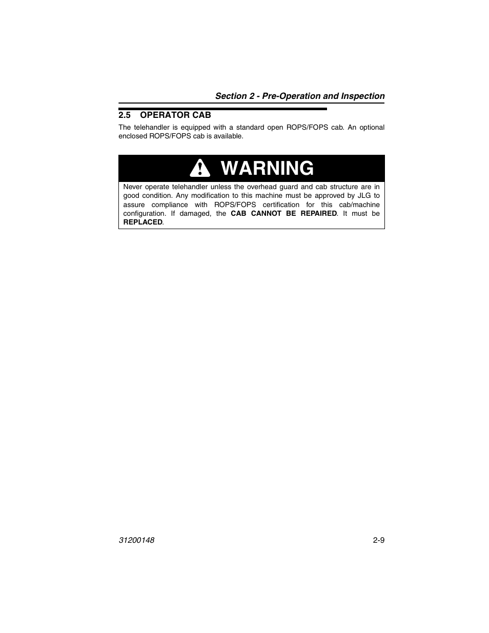 5 operator cab, 5 operator cab -9, Warning | JLG G6-42P Service Manual User Manual | Page 35 / 508