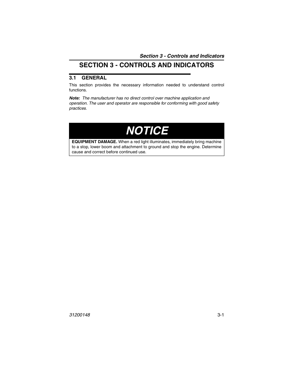 Section 3 - controls and indicators, 1 general, 1 general -1 | Notice | JLG G6-42P Service Manual User Manual | Page 37 / 508