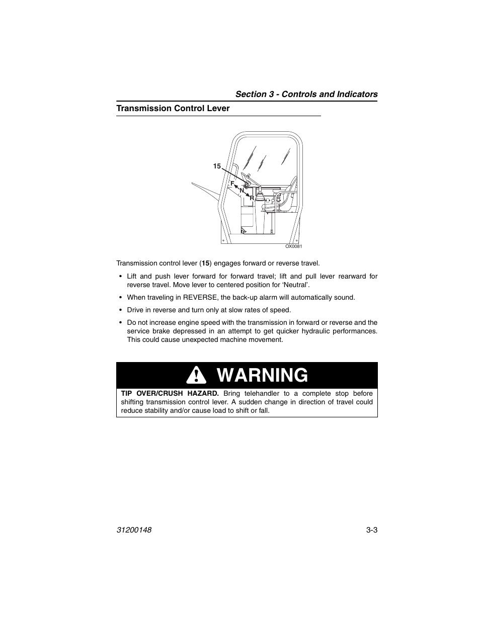 Transmission control lever, Transmission control lever -3, Warning | JLG G6-42P Service Manual User Manual | Page 39 / 508