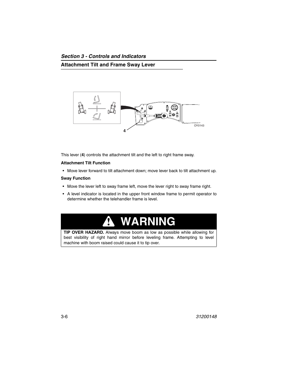 Attachment tilt and frame sway lever, Attachment tilt and frame sway lever -6, Warning | JLG G6-42P Service Manual User Manual | Page 42 / 508