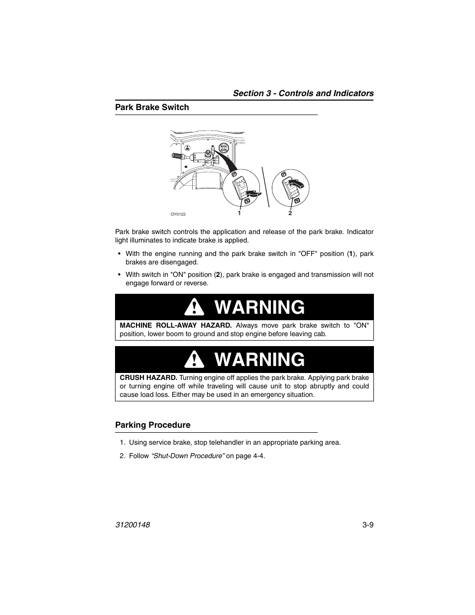 Park brake switch, Parking procedure, Park brake switch -9 | Parking procedure -9, Warning | JLG G6-42P Service Manual User Manual | Page 45 / 508