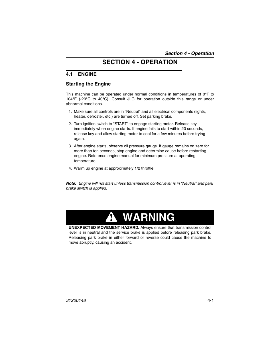 Section 4 - operation, 1 engine, Starting the engine | 1 engine -1, Starting the engine -1, Warning | JLG G6-42P Service Manual User Manual | Page 51 / 508