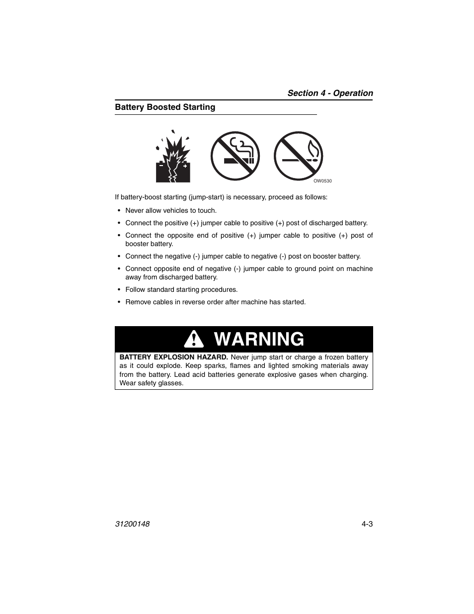 Battery boosted starting, Battery boosted starting -3, Warning | JLG G6-42P Service Manual User Manual | Page 53 / 508