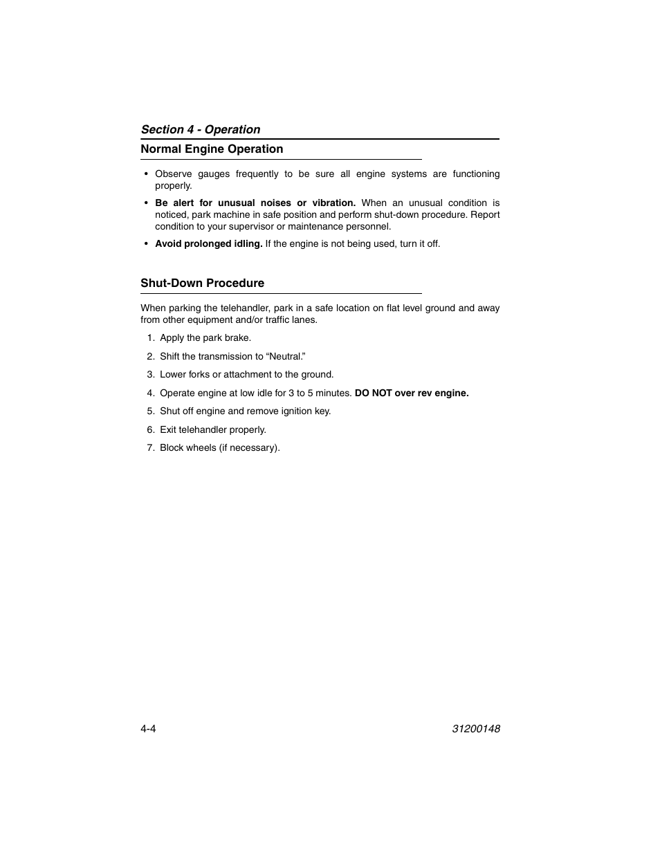Normal engine operation, Shut-down procedure, Normal engine operation -4 shut-down procedure -4 | JLG G6-42P Service Manual User Manual | Page 54 / 508