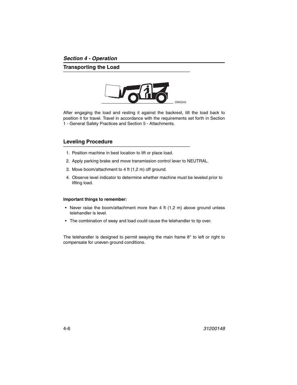 Transporting the load, Leveling procedure, Transporting the load -6 leveling procedure -6 | JLG G6-42P Service Manual User Manual | Page 56 / 508