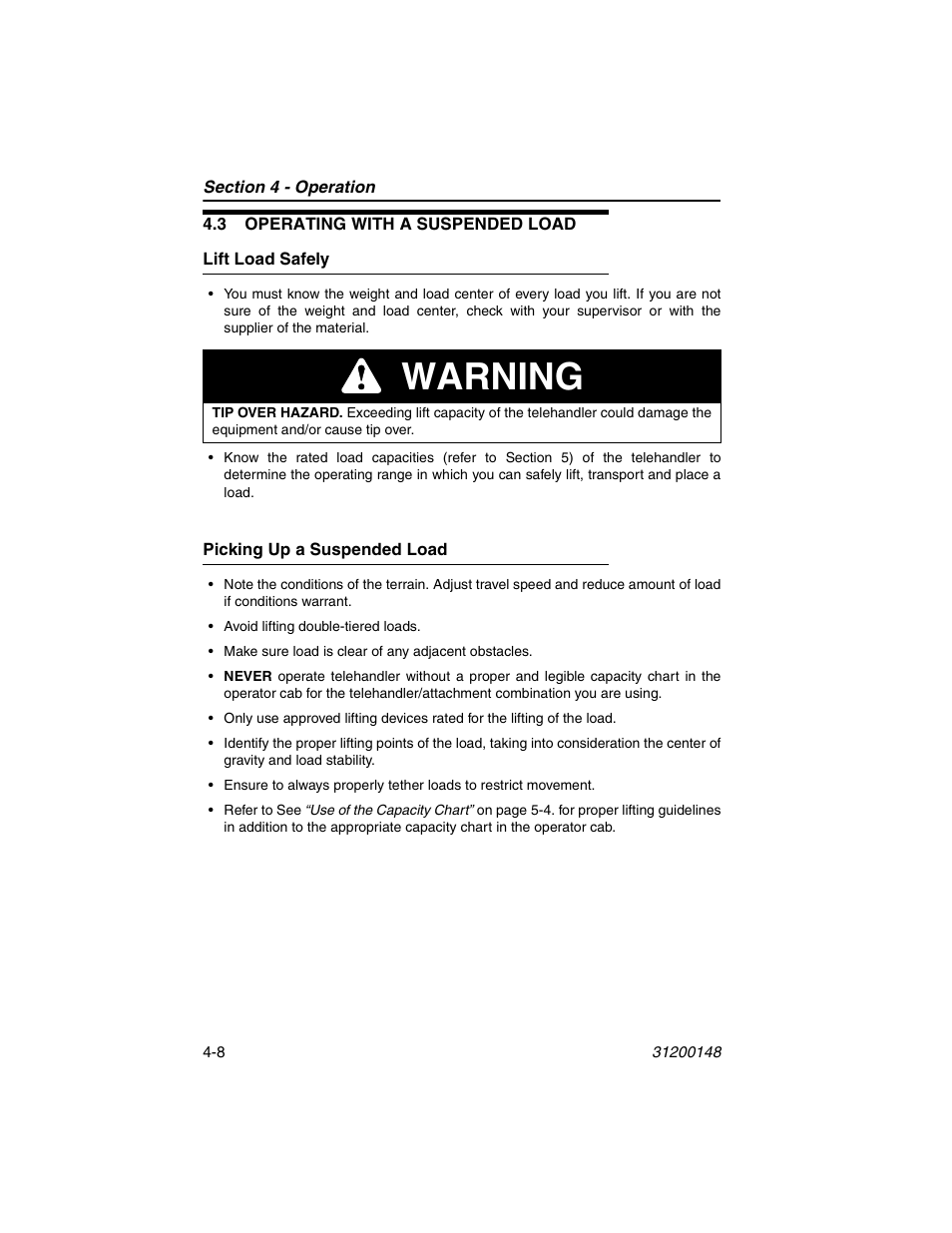 3 operating with a suspended load, Lift load safely, Picking up a suspended load | 3 operating with a suspended load -8, Lift load safely -8 picking up a suspended load -8, Warning | JLG G6-42P Service Manual User Manual | Page 58 / 508
