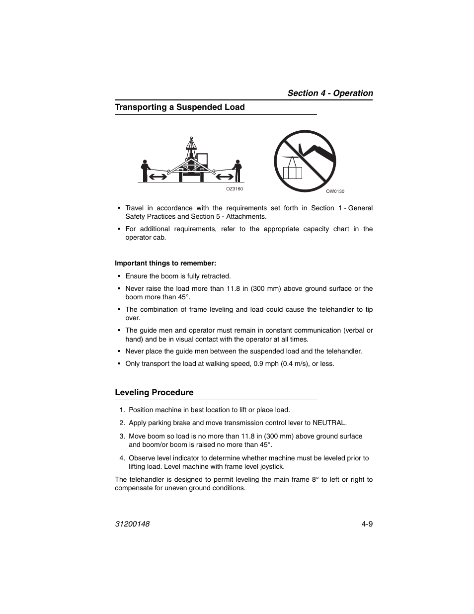 Transporting a suspended load, Leveling procedure | JLG G6-42P Service Manual User Manual | Page 59 / 508