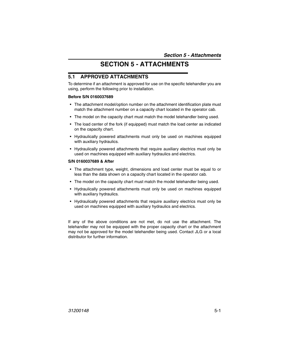 Section 5 - attachments, 1 approved attachments, 1 approved attachments -1 | JLG G6-42P Service Manual User Manual | Page 63 / 508