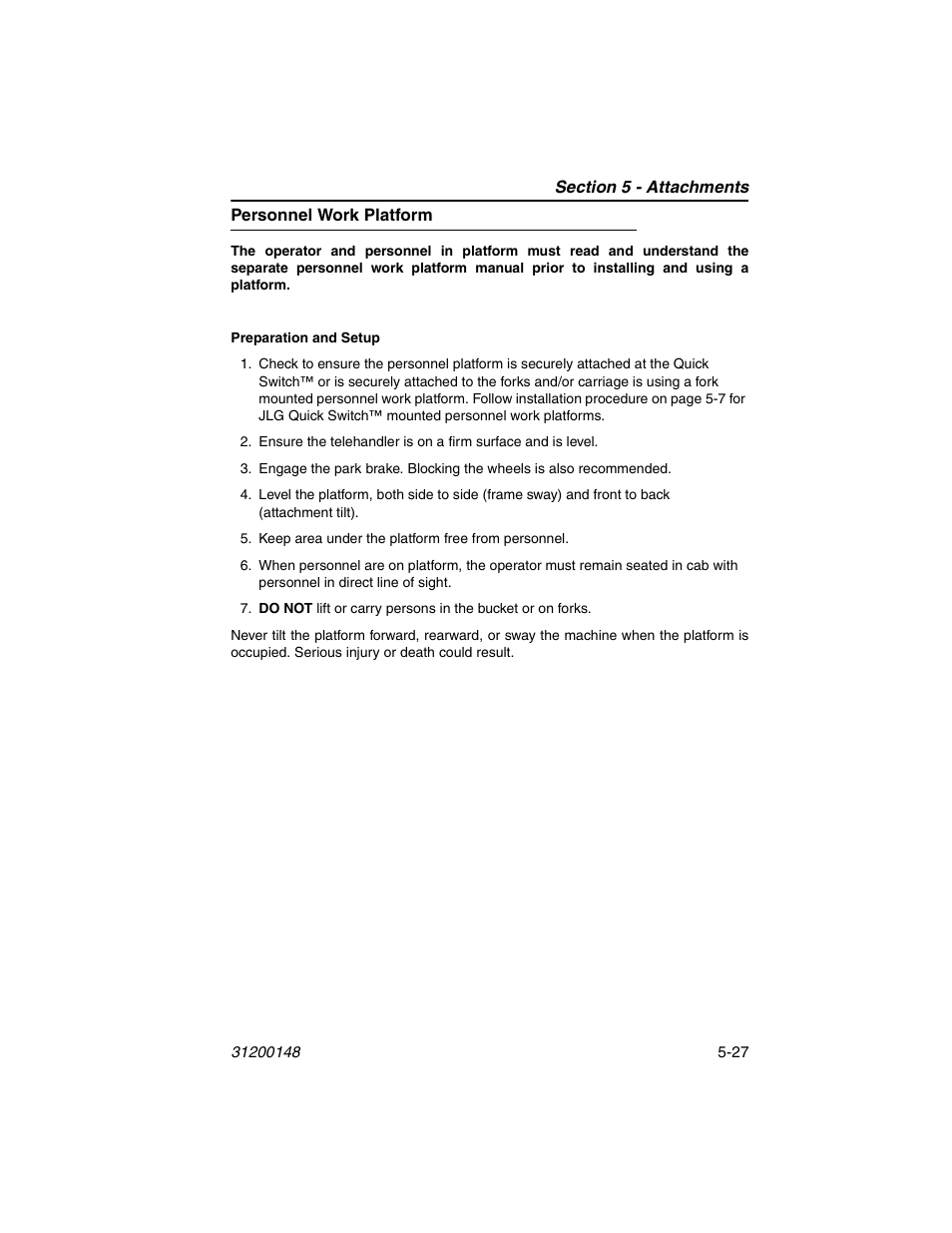 Personnel work platform, Personnel work platform -27 | JLG G6-42P Service Manual User Manual | Page 89 / 508