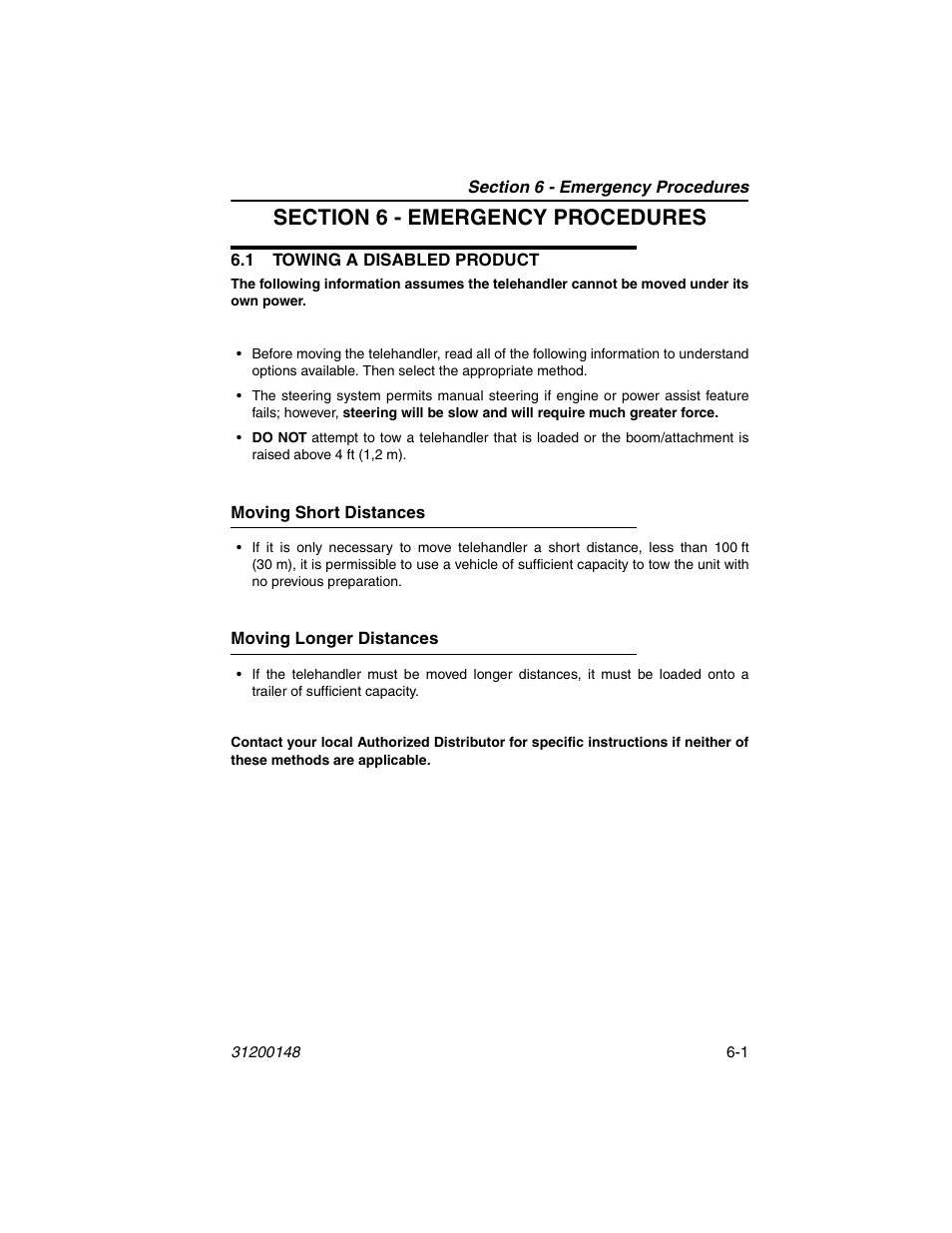Section 6 - emergency procedures, 1 towing a disabled product, Moving short distances | Moving longer distances, 1 towing a disabled product -1 | JLG G6-42P Service Manual User Manual | Page 91 / 508