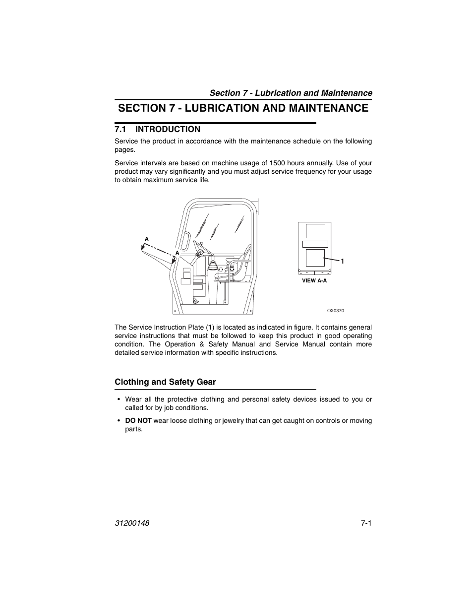 Section 7 - lubrication and maintenance, 1 introduction, Clothing and safety gear | 1 introduction -1, Clothing and safety gear -1, Section 7 - lubrication and maintenance a | JLG G6-42P Service Manual User Manual | Page 93 / 508