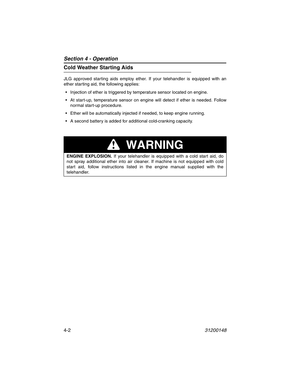 Cold weather starting aids, Cold weather starting aids -2, Warning | JLG G6-42P Operator Manual User Manual | Page 50 / 124