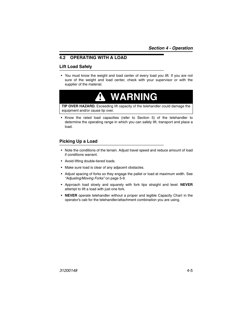 2 operating with a load, Lift load safely, Picking up a load | 2 operating with a load -5, Lift load safely -5 picking up a load -5, Warning | JLG G6-42P Operator Manual User Manual | Page 53 / 124