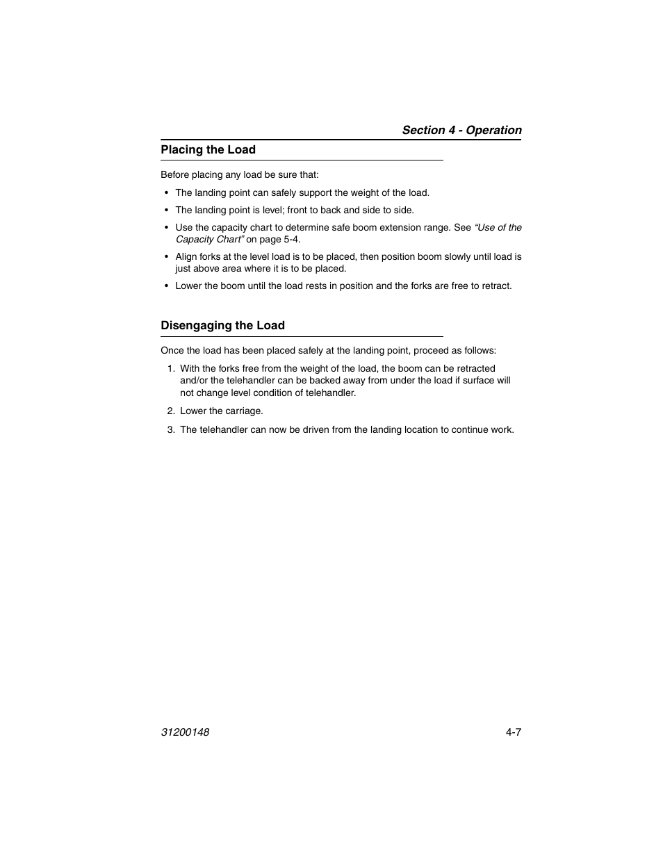 Placing the load, Disengaging the load, Placing the load -7 disengaging the load -7 | JLG G6-42P Operator Manual User Manual | Page 55 / 124