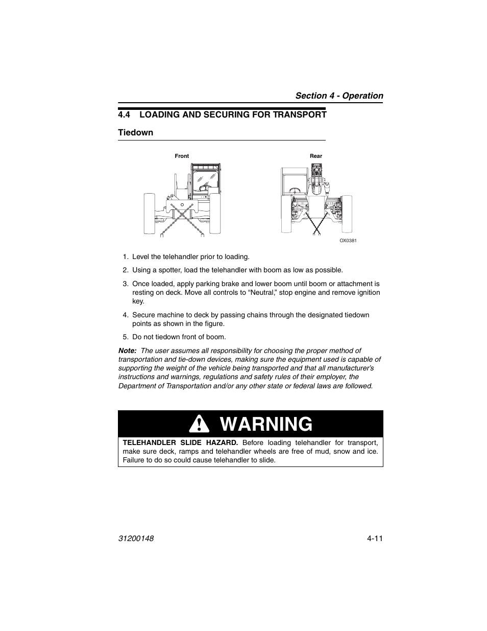 4 loading and securing for transport, Tiedown, 4 loading and securing for transport -11 | Tiedown -11, Warning | JLG G6-42P Operator Manual User Manual | Page 59 / 124